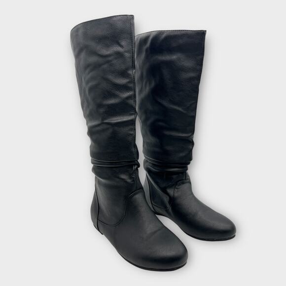 Black Faux Leather Mid Calf Round Toe Low Heel Slouchy Boots 7.5 Festival Pirate - Picture 1 of 7